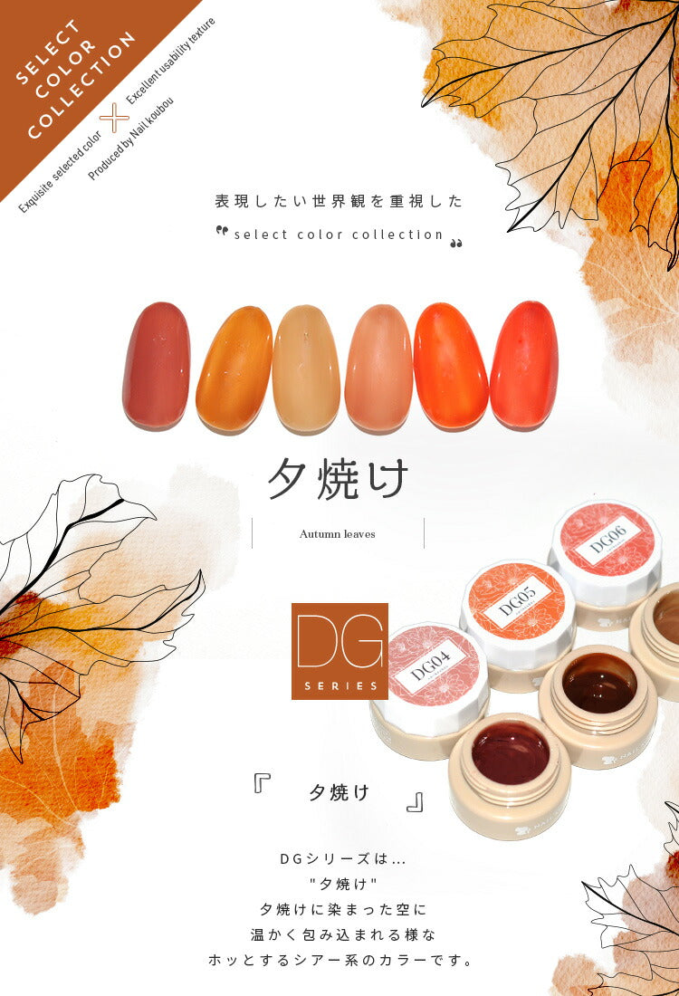 【全6色セット】カラージェル 落ち着きシアー感 明るいテラコッタ 『夕焼け』DGシリーズ ジェルネイル セレクトカラージェル | カラー ポリッシュ ネイルジェル ジェルネイル用品 爪 カラージェルネイル ジェルネイルアート ネイル工房 にわちゃん