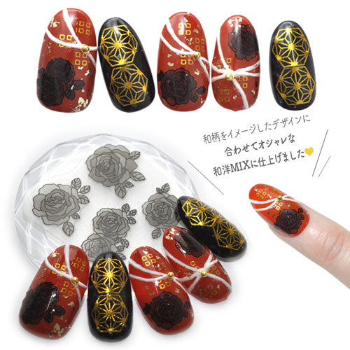 フラワーネイルシール 透け感 極薄 薔薇 バラ モード ブラック 和風 花 ホワイト カラージェル かわいい 貼るだけ簡単 ネイルシール | ネイル シール ネイル用品 フラワー 花柄 ジェルネイル ネイルパーツ ジェル ネイルシール
