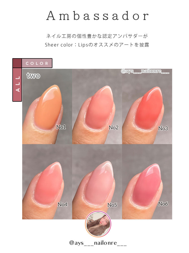 【全6色セット】シアーカラージェル 『Lips』 くすみ くすみシアー 血色カラー 透け感 ほんのり発色 カラージェル ジェルネイル | カラー ポリッシュ ネイルジェル アートジェル ジェルネイル用品 爪 ジェルネイルアート ネイル工房 にわちゃん
