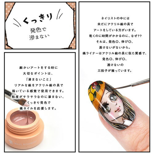 痛ライナー ファンデーション カラー 発色・伸び・滲まない 「どんな絵も描けるジェル」痛ネイル カラージェル ジェルネイル | カラー ポリッシュ ネイルジェル アートジェル ジェルネイル用品 爪 カラージェルネイル ジェルネイルアート ネイル工房 にわちゃん