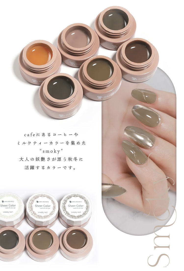【全6色セット】シアーカラージェル 『Smoky』 くすみ くすみシアー コーヒー ナチュラル 透け感 ほんのり発色 カラージェル ジェルネイル | カラー ポリッシュ ネイルジェル アートジェル ジェルネイル用品 爪 ネイル工房 にわちゃん