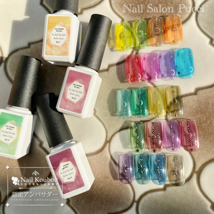 【全20色セット】新感覚 カラートップジェル 「WaterClear」 高発色 クリアカラー ノーワイプトップ カラー ポリッシュ ネイルジェル アートジェル ジェルネイル用品 爪 カラージェルネイル ジェルネイルアート ネイル工房 にわちゃん