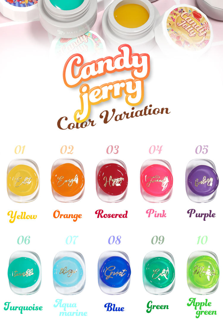 ゼリージェル 全10色  キャンディーゼリー CandyJerry 高発色のクリアカラー  透明の粘土ジェル JELLYGEL ジェルネイル カラージェル | カラー ポリッシュ ネイルジェル アートジェル ジェルネイル用品 爪 カラージェルネイル ジェルネイルアート ネイル工房 にわちゃん