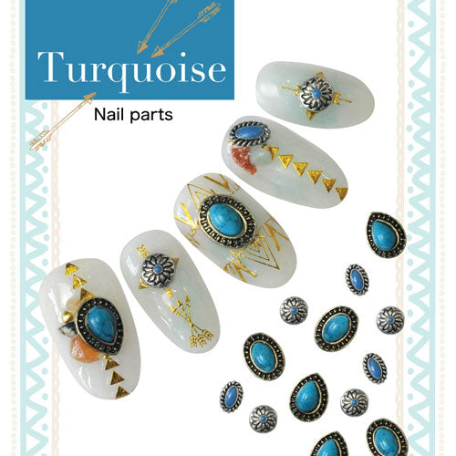ジェルネイルに埋め込みOK ターコイズストーンフレーム付き 選べる4種類 夏・ボヘミアンアートにビジューの輝きを | ネイル ストーン ジェルターコイズ 石 コンチョ ネイルパーツ ネイルジュエリー 夏 ネイルアート マリン サマー ネイル工房