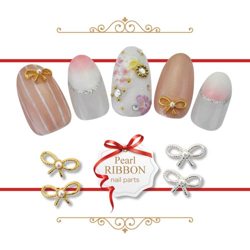 メタルパーツ ネイルジュエリー ネイルパーツ ( ゴールド / シルバー ) パール付きリボン2粒入り|ジェルネイル ネイル パーツ ジェル ネイル用品 リボン リボンモチーフ パール デコ メタル ネイルアート ゴールドパーツ シルバーパーツ ジェルネイルパーツ りぼん